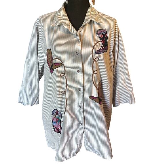 Bobbie Brooks PinStripe Cowboy Boots Shirt - Picture 1 of 10